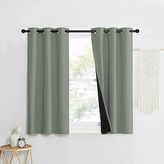 NICETOWN 100% Blackout Window Curtain Panels, Heat and Full Light Blocking Drapes with Black Liner for Nursery, 40" Drop Thermal Insulated Draperies (Greyish Green, 2 Pieces, 37" Wide Each Panel)