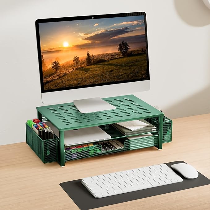 gianotter Monitor Stand with Drawer and Pen Holder, Green Desk Accessories, 2-Tier Monitor Riser, Ideal for Office Supplies Desk Accessories(Green)