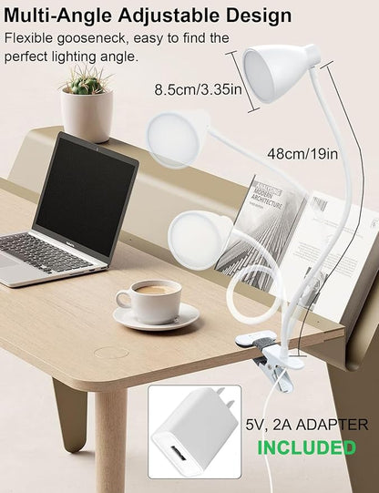 BOHON Clamp Lamp Reading Light 3 Color Modes 10 Brightness Dimmer Bedside Lamp 10W 38 LED Desk Lamp with Auto Off Timer 360° Flexible Gooseneck Clip on Light for Bed, USB Cord Include, White