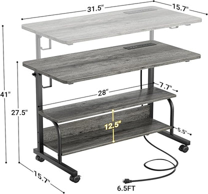 32" Height Adjustable Standing Desk with Power Outlets - Manual Rolling Stand Up Desk with Wheels Small Portable Computer Desk Mobile Laptop Table with Storage Shelves for Home Office, Grey Oak