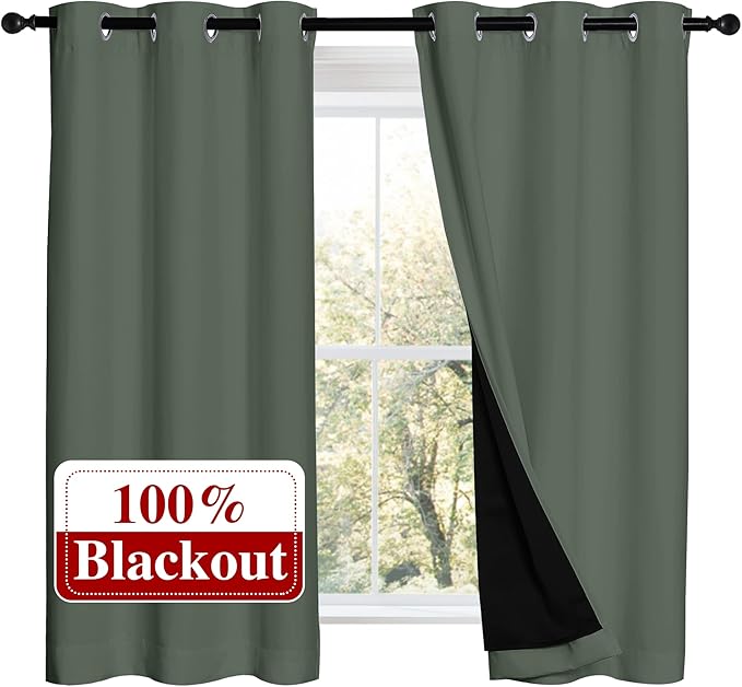 NICETOWN 100% Blackout Curtains 54 inches Long, Double-Deck Completely Blackout Window Treatment Thermal Insulated Lined Drapes for Small Window (Dark Mallard, 1 Pair, 42 inches Width Each Panel)