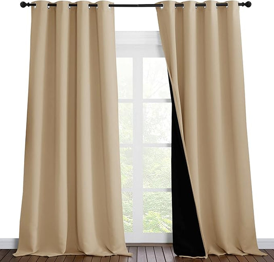 NICETOWN Thermal Insulated 100% Blackout Curtains, Noise Reducing Performance Drapes with Black Lining, Full Light Blocking Drapery Panels for Patio (Biscotti Beige, 1 Pair, 55 inches x 96 inches)