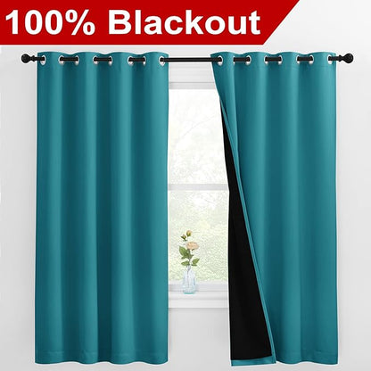 NICETOWN 100% Blackout Curtains with Black Liner, Thermal Insulated Full Blackout 2-Layer Lined Drapes, Energy Efficiency Window Draperies for Bedroom (Peacock Teal, 2 Panels, 55-inch W by 68-inch L)