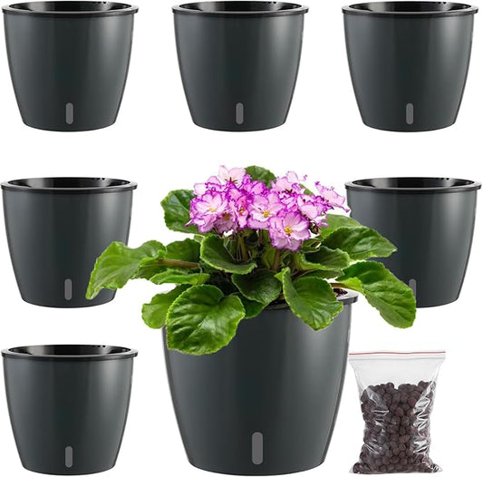 6 Pack-6.7 Inch Self Watering Plant Pot for Indoor Plants with Water Indicator,Large African Violet Pots Grey Gold with Wick Pot,Self-Watering Planters for Devil's Ivy,Orchid Planter for Home