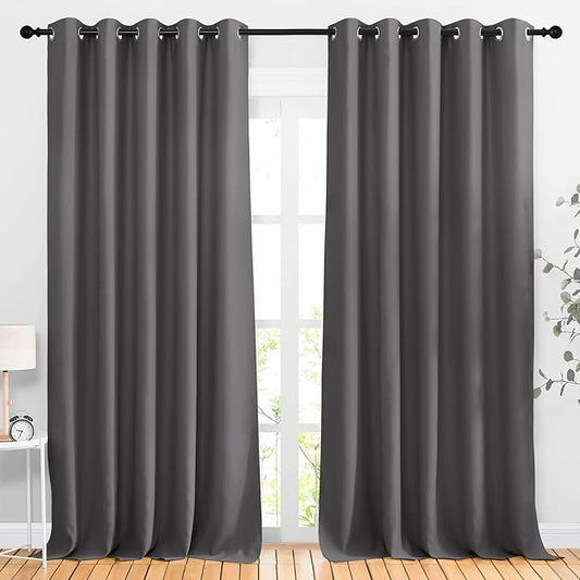 NICETOWN Bedroom Blackout 110 inch Curtains for Sliding Glass Door, Grommet Thermal Insulated Solid Window Treatments Sound Reducing for Living Room, W66 x L110, Grey, Set of 2