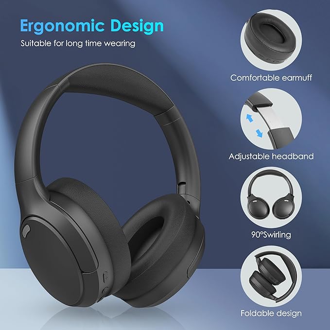 Bluetooth Headphones, Wireless Over Ear Headphones with HiFi Stereo Microphone, Foldable Lightweight On Ear 5.4 Headphones with Deep Bass for Cellphone/Travel/Office/Home(Black)