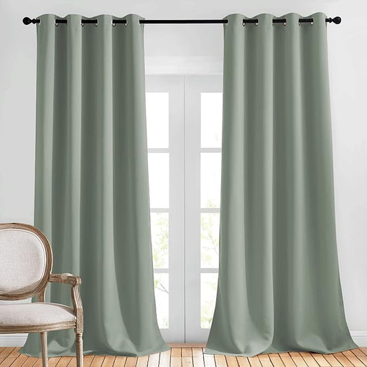 NICETOWN Room Darkening Sage Green Curtains 108 inch Length - Grommet Thermal Insulated Window Treatments Solid Panels for Living Room/Bedroom/Villa, W52 x L108, 1 Pair