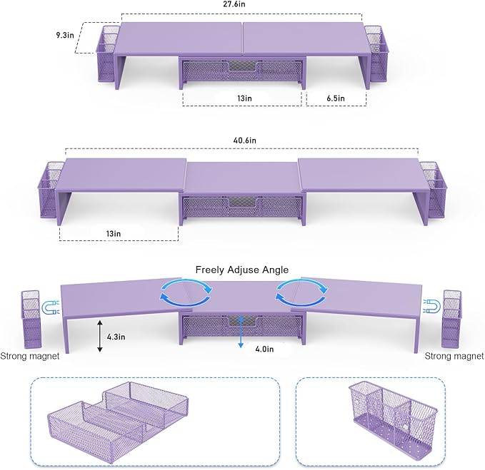 gianotter Dual Monitor Stand Riser, Desk Organizer With Drawer and 2 Pen Holders, Desk Accessories & Workspace Organizers, Monitor Stand for Desk, Office Decor Essentials (Purple)