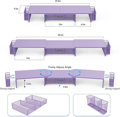 gianotter Dual Monitor Stand Riser, Desk Organizer With Drawer and 2 Pen Holders, Desk Accessories & Workspace Organizers, Monitor Stand for Desk, Office Decor Essentials (Purple)