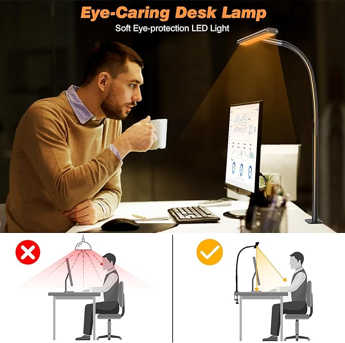 LED Desk Lamp for Office Home, Eye-Caring Desk Light with Stepless Dimming Adjustable Flexible Gooseneck, 10W USB Adapter Desk Lamp with Clamp for Reading, Study, Workbench (Black)