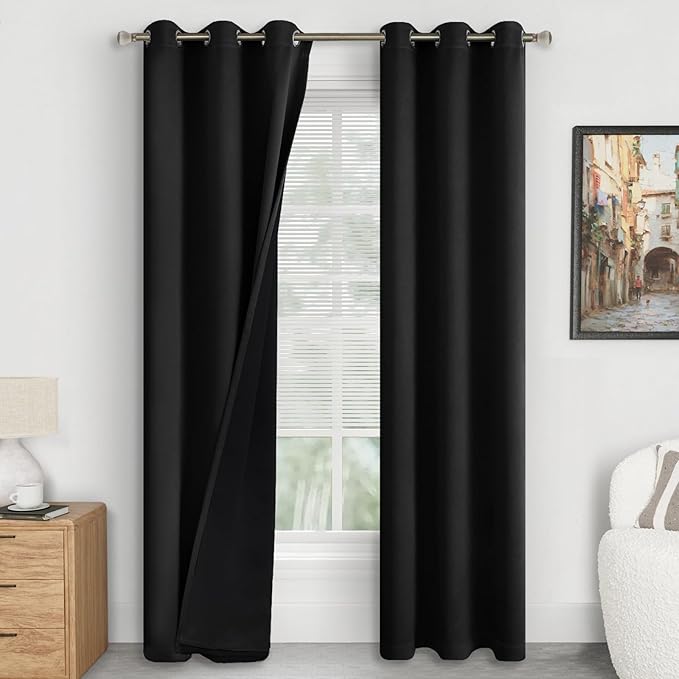 Black 100% Blackout Curtains 84 Inch Length, 38 Inch Wide for Narrow Curtains for Living Room, Thermal Curtains for Winter Soundproof Blocking Bedroom Curtains, Each Darkening Drape 2 Panels