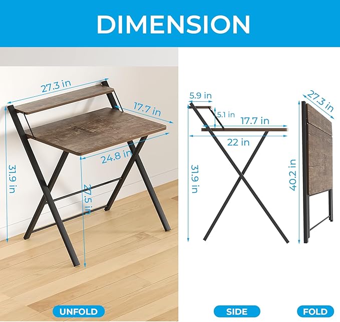 GreenForest Folding Desk No Assembly Required Small Size, 2-Tier Foldable Computer Desk with Shelf for Home Office, Space Saving Portable Laptop Study Foldable Table for Small Spaces, Brown