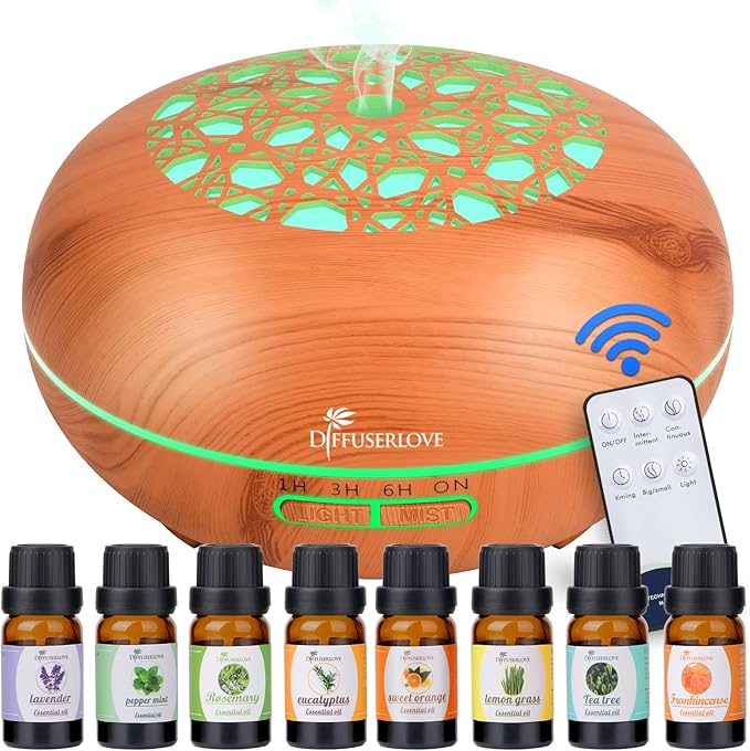 Diffuserlove Essential Oil Diffuser 550ML Diffuser Remote Control Wood Grain Aroma Diffuser Cool Mist Humidifier with 4 Timer, 7 Color LED Lights, Auto Shut-Off for Home Bedroom Office