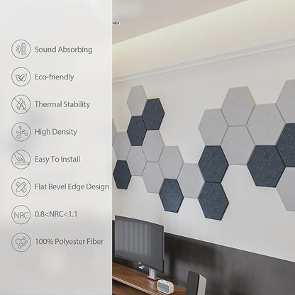 12 Pack Acoustic Panels Self Adhesive Sound Proof Foam,High Density Sound Acoustic Foam Panel, 12X10.23X0.4 Inch Hexagon Wall Panels in Home, Office, Reccording Room, Studio(Silver Gray)