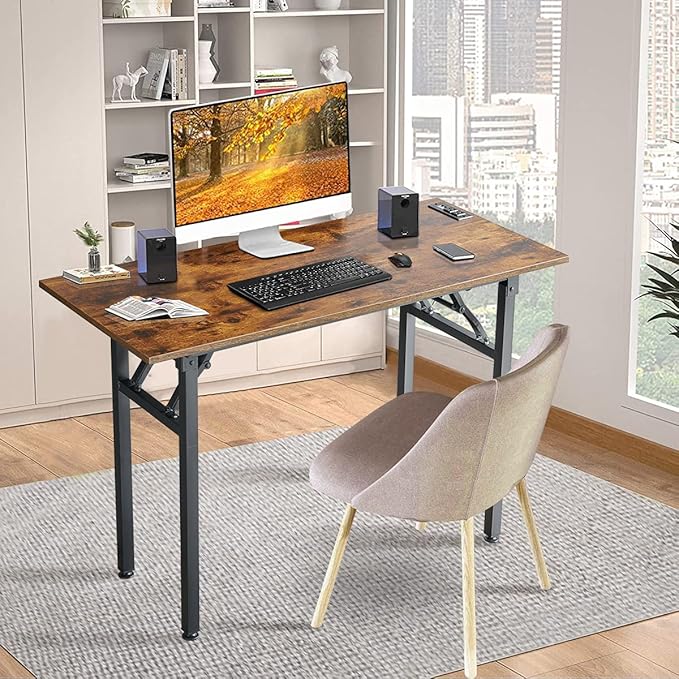 TEMI Folding Desk with USB & Socket 31.5", Computer Desk with Outlet for Home Office, Folding Table for Bedroom, Office Desk for Small Space, Small Desk with Black Frame, Rustic Brown