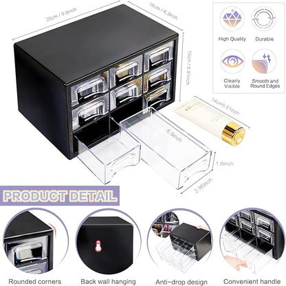 Desk Storage Organizer with 9 Drawers, FODIENS Stackable Desktop Craft Drawer Cabinet, Clear Storage Box Caddy for Makeup Jewelry Office Craft Supplies (9.84×6.3×5.9in) (Black)