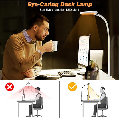 LED Desk Lamp for Office Home, Eye-Caring Desk Light with Stepless Dimming Adjustable Flexible Gooseneck, 10W USB Adapter Desk Lamp with Clamp for Reading, Study, Workbench (White)