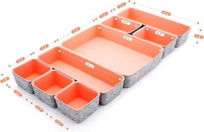 Welaxy desk drawer organizers bin trays dividers small shallow felt storage box sturdy office suppliers makeup crafts pens decluttering 8-piece gifts for women (Coral)