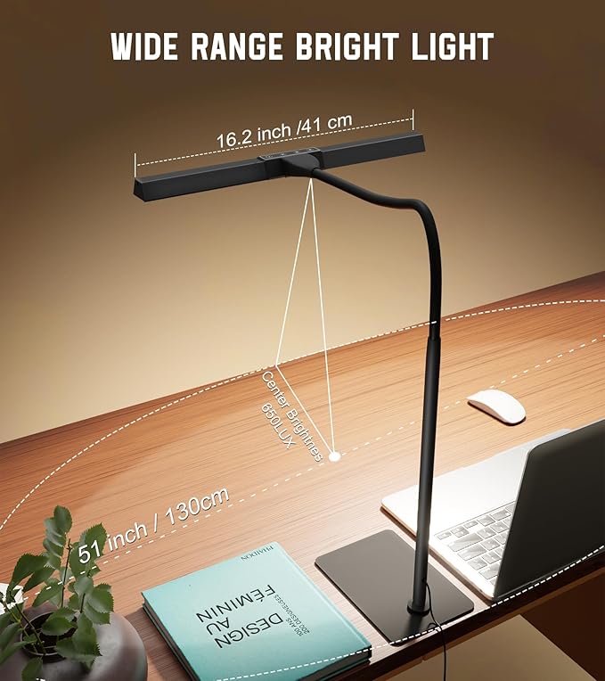 LED Desk Lamp for Home Office with Base, Eye-Caring Architect Task Light with Adjustable Gooseneck 12W USB Adapter Touch Control 5 Dimmable Brightness & Color Tall Lamp for Work,Reading,Craft