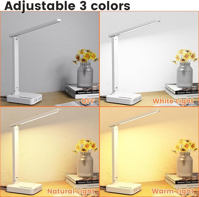 Desk Lamps for Home Office,Modern LED Desk Lamp for Dorm with 3 USB Charging Port 2 AC Power Outlets,9 Lighting Mode,Touch/Timer/Eye-Caring Foldable Study Table Lamp,College Dorm Essentials Desk Light