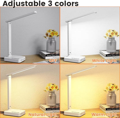 Desk Lamps for Home Office,Modern LED Desk Lamp for Dorm with 3 USB Charging Port 2 AC Power Outlets,9 Lighting Mode,Touch/Timer/Eye-Caring Foldable Study Table Lamp,College Dorm Essentials Desk Light