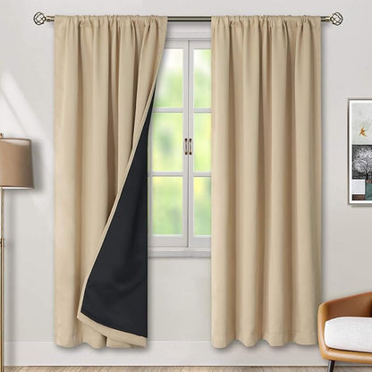 BGment 100% Blackout Curtains for Bedroom with Black Liner, Double Layer Full Room Darkening Noise Reducing Thermal Insulated Rod Pocket Curtain (42 x 72 Inch, Beige, 2 Panels)