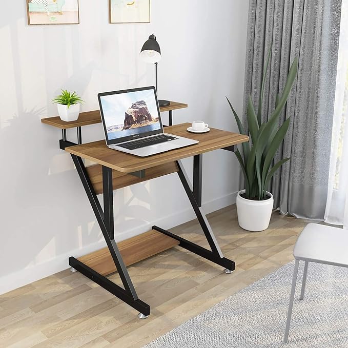 Dripex Computer Desk for Small Spaces, Z Shaped Small Computer Desk, 27.5 inch Compact Desk with Monitor Shelf and Bottom Storage Shelves, Space Saving Desk, Walnut