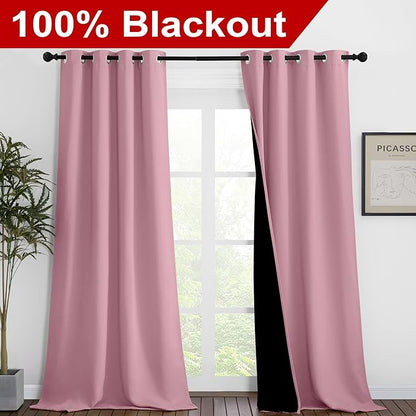 NICETOWN 100% Blackout Blinds, Set of 2, 46 inches x 102 inches, Laundry Room Decor Window Treatment Curtains for Large Patio Sliding Door, Thermal Insulated Crystal Pink Curtains for Bedroom