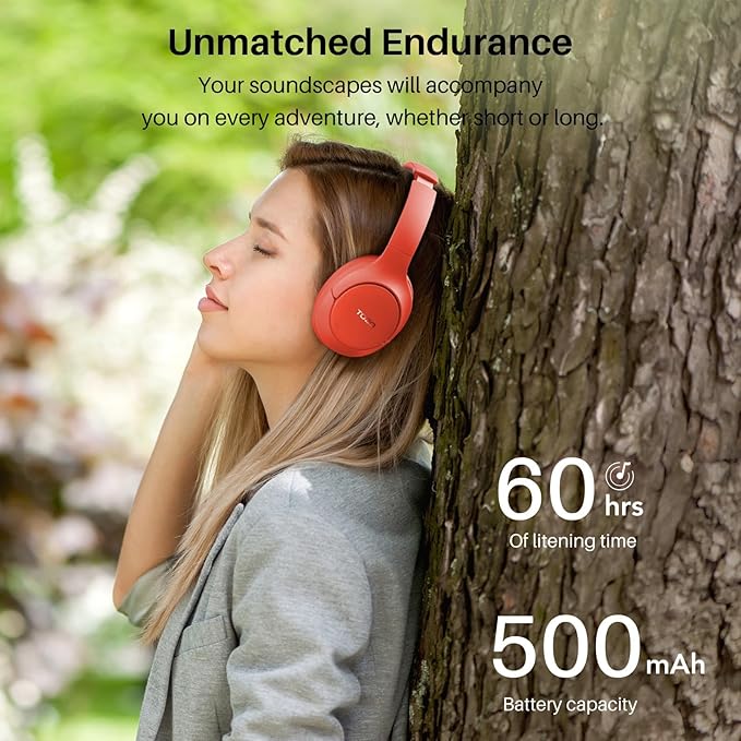 TOZO HT2 Hybrid Active Noise Cancelling Headphones, Wireless Over Ear Bluetooth Headphones, 60H Playtime, Hi-Res Audio Custom EQ via App Deep Bass Comfort Fit Ear Cups, for Home Office Travel Red