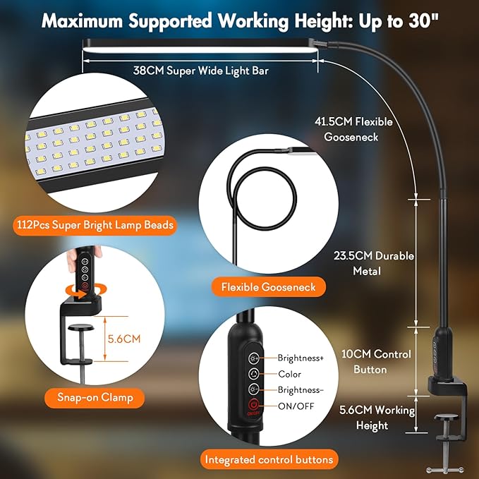 LED Desk Lamp with Clamp, Super Bright Desk Light with 11 Brightness, 5 Color Modes, Flexible Gooseneck Clip on Table Light, Eye-Caring Architect Task Desk Lamps for Home Office Study Reading