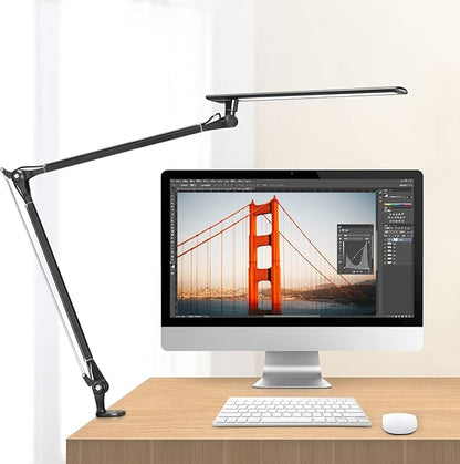 PHIVE LED Desk Lamp, Architect Task Lamp, Metal Swing Arm Dimmable Drafting Table Lamp with Clamp (Touch Control, Eye-Care Technology, Highly Adjustable Office, Craft, Studio, Workbench Light) Black