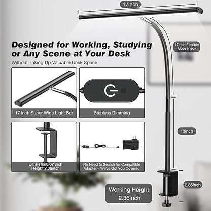 LED Desk Lamp for Office Home, Eye-Caring Desk Light with Stepless Dimming Adjustable Flexible Gooseneck, 10W USB Adapter Desk Lamp with Clamp for Reading, Study, Workbench (Black)