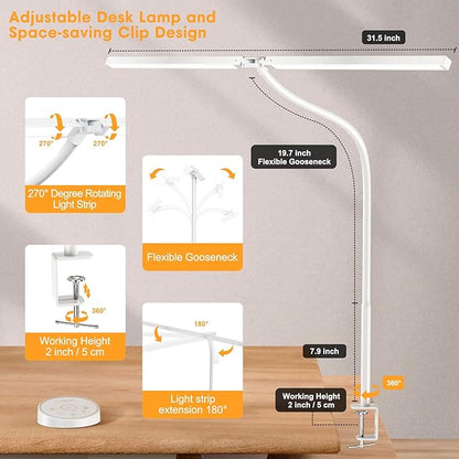 Led Desk Lamp for Office Home - Eye Caring Architect lamp with Clamp,Dual Screen Computer Monitor Gooseneck Smart Light: 24W 5 Color Flexible Adjustable Lighting Table Lamp for Study Drafting White