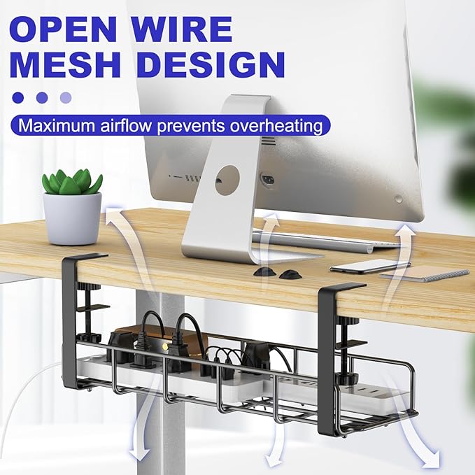 Under Desk Cable Management Tray, 15.7'' No Drill Steel Desk Cable Organizers, Wire Management Tray Cable Management Rack, Desk Cable Tray with Wire Organizer and Desk Cord Organizer