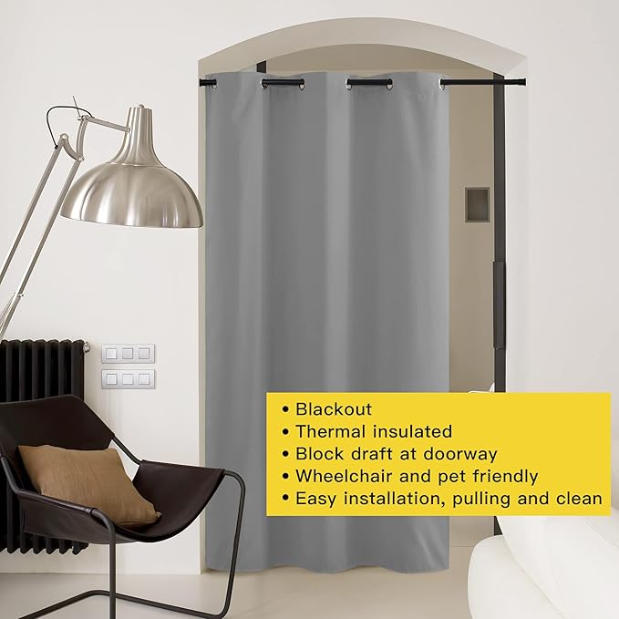 NICETOWN Faux Folding Accordion Doors, Front Door Curtains, Privacy Blackout Cloth Fabric, Living Room Bedroom Divider/Sliding Patio Decor Decoration (1 PCs, 9ft Tall x 5ft Wide, Silver Grey)