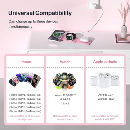 UCOMX 3 in 1 Charging Station for Multple Devices,Foldable 3 in 1 Wireless Charger for Travel,Nano Wireless Charging Station for iPhone16 15 14 13 12 Pro Max/Watch 10 9 8 7 6 5 4 3 Ultra/AirPod Pro