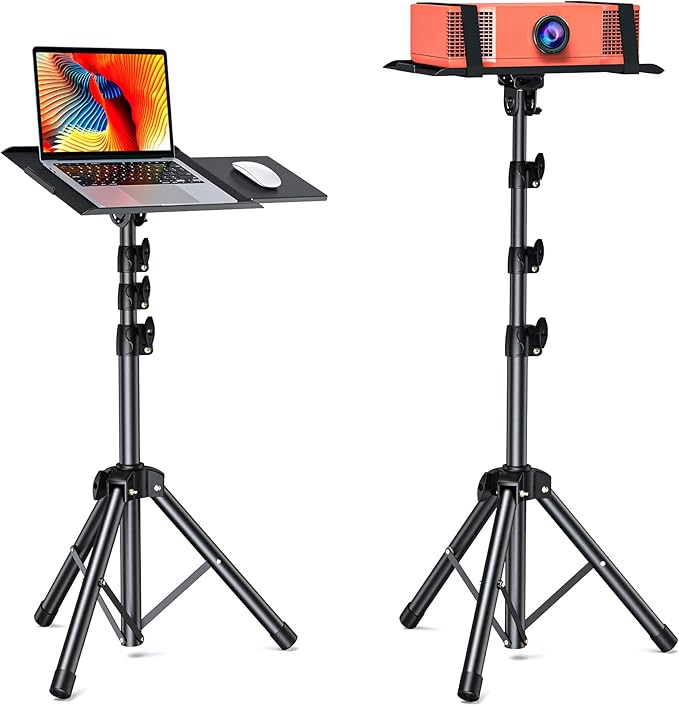 AMADA HOMEFURNISHING Projector Tripod Stand, Foldable Projector Stand, Multipurpose Laptop Stand with Removable Mouse Tray, Adjustable Height 25-63 inch, Outdoor Movie Projector Stand, AMPS03