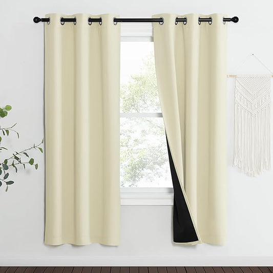 NICETOWN Living Room Completely Shaded Draperies, Privacy Protection & Noise Reducing Ring Top Drapes, Black Lined Insulated Window Treatment Curtain Panels (Beige, 2 Pieces, W37 x L70)