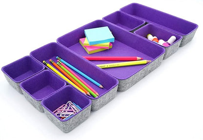 Welaxy desk drawer organizers tray dividers small shallow felt storage box sturdy soft bin for office suppliers entryway catchall key holder makeup crafts pens decluttering 8-piece (Purple)