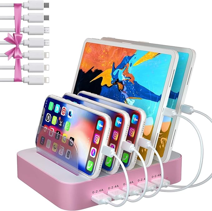 USB Charing Station Dock, 5 Port Charging Station with 7 Short Mixed Cables, for Women, Mother, Girl, Girlfriend, Designed for iPhone iPad Cell Phone Tablets and Other Electronics, Light-pink