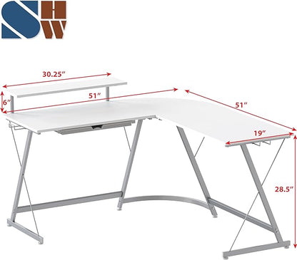 SHW Vista L-Shape Desk with Monitor Stand, White