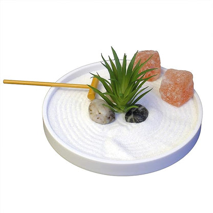 Nature's Mark Mini Zen Garden Kit for Desk with White Sand, Rake, White Base, Salt Rock and Air Plant (Round)