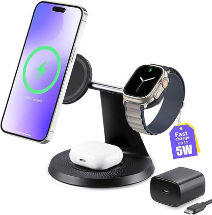 3-in-1 Wireless Charging Station for Apple Devices - Fast Charging Station for iPhone and Watch with MagSafe, Stable Charger Stand for iPhone 12-16 & iWatch & AirPods