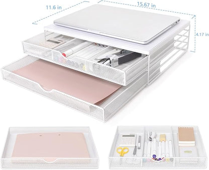 ARCOBIS Wood Monitor Riser with Drawers, Mesh Metal Computer Monitor Stand Riser with Storage for Desk, Max Load Capacity 40LB, 2 Drawers, White