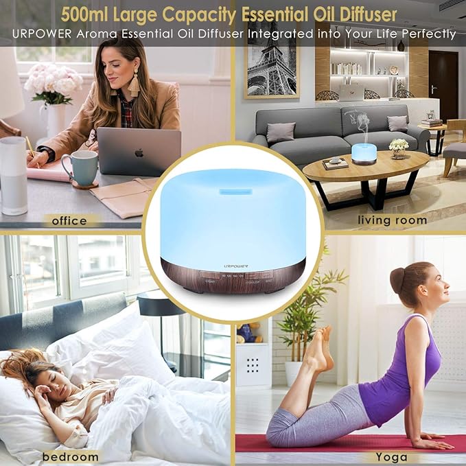 URPOWER 500ml Essential Oil Diffuser 5 in 1 Ultrasonic Aromatherapy Diffusers for Essential Oils Humidifier with Adjustable Mist Mode/4 Timer Settings and Waterless Auto Shut-Off for Large Room Yoga.