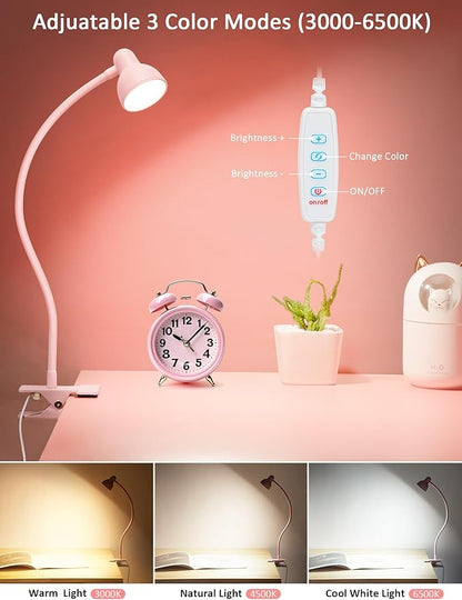 Pink Small Desk Lamp Clip on Reading Light for Bed 3 Colors 10 Brightness Dimmable Flexible Gooseneck Clip on Light for Bed Headboard College Dorm Room