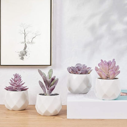 CADNLY Fake Succulent Plant Set - Artificial Succulent Plants for Women Desk - Realistic Faux Succulents in Ceramic Pots - Mini Purple Succulent Decor for Bedroom Bathroom Office Shelf Decor