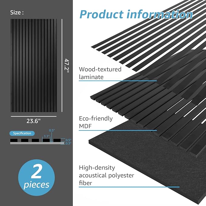 Art3d 2 Wood Slat Acoustic Panels for Wall and Ceiling - 3D Fluted Sound Absorbing Panel with Wood Finish - Matte Black