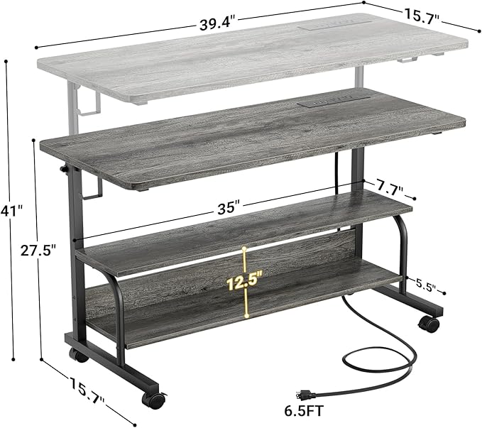 39" Height Adjustable Standing Desk with Power Outlets - Manual Rolling Stand Up Desk with Wheels Small Portable Computer Desk Mobile Laptop Table with Storage Shelves for Home Office, Grey Oak