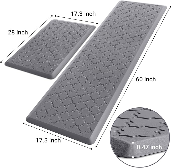 Kitchen Mat [2 PCS] Cushioned Anti-Fatigue Floor Mat, Waterproof Non-Skid Kitchen Mats and Rugs, Ergonomic Comfort Foam Kitchen Rugs, Standing Mat for Floor,Office, Sink(Grey,17.3"x28"+17.3"x60")